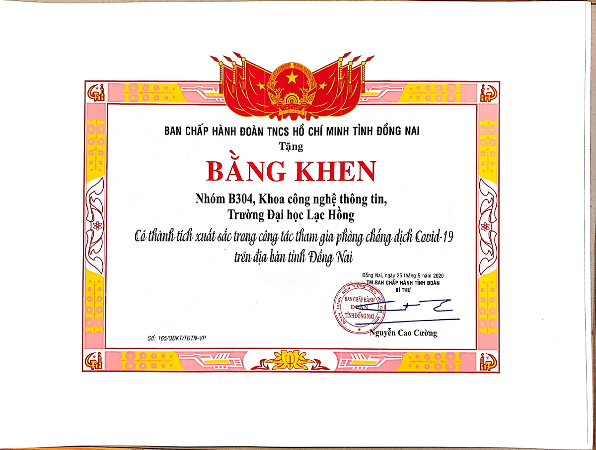 Bằng khen của Tỉnh Đoàn Đồng Nai ghi nhận đóng góp trong công tác phòng chống dịch Covid-19