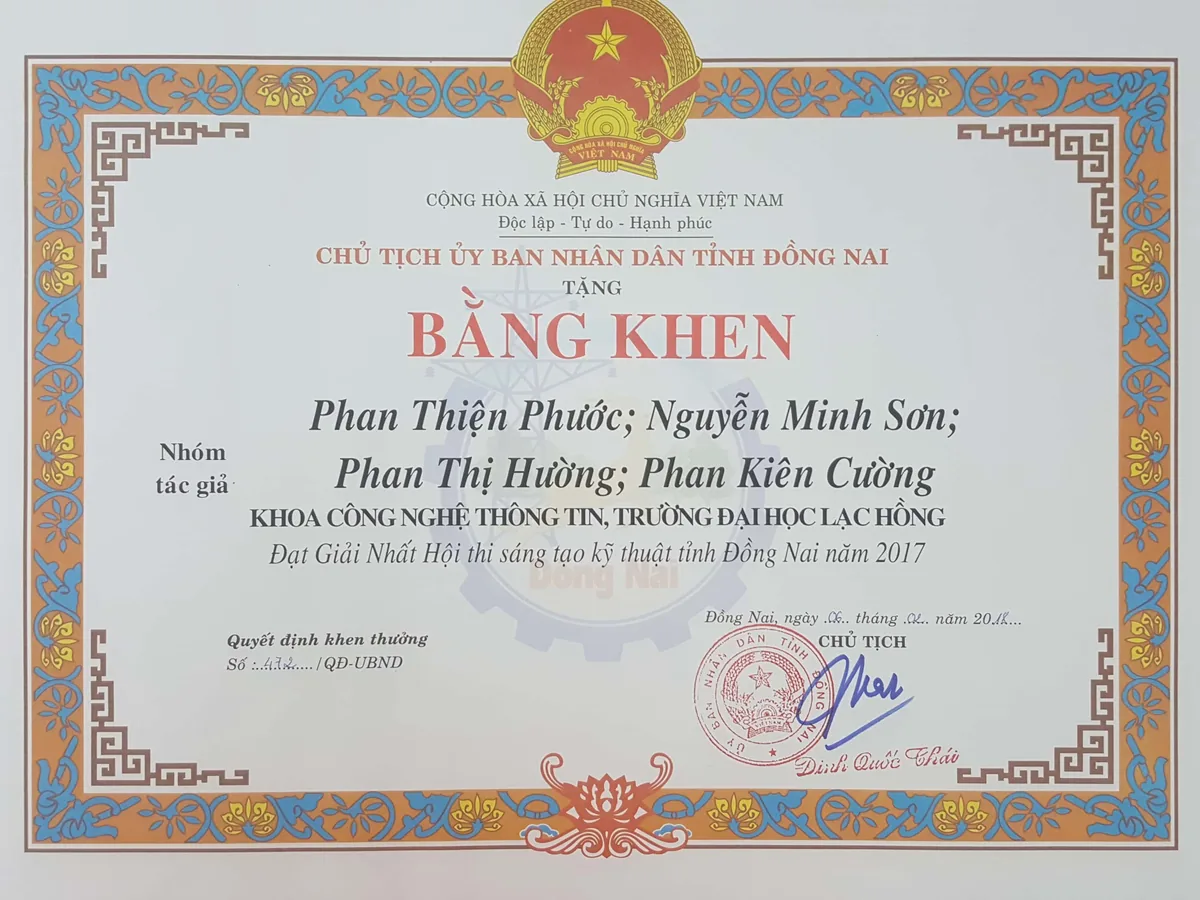 Bằng khen của Chủ tịch UBND tỉnh Đồng Nai cho công trình đạt Giải Nhất Hội thi Sáng tạo Kỹ thuật tỉnh
