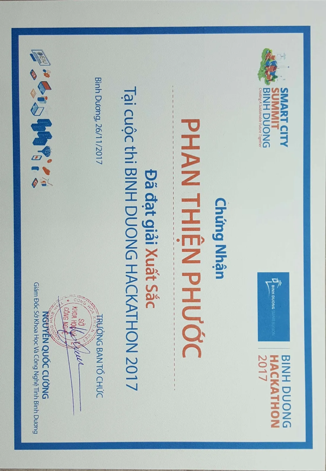 Chứng nhận đạt giải Xuất sắc tại cuộc thi Binh Duong Hackathon 2017