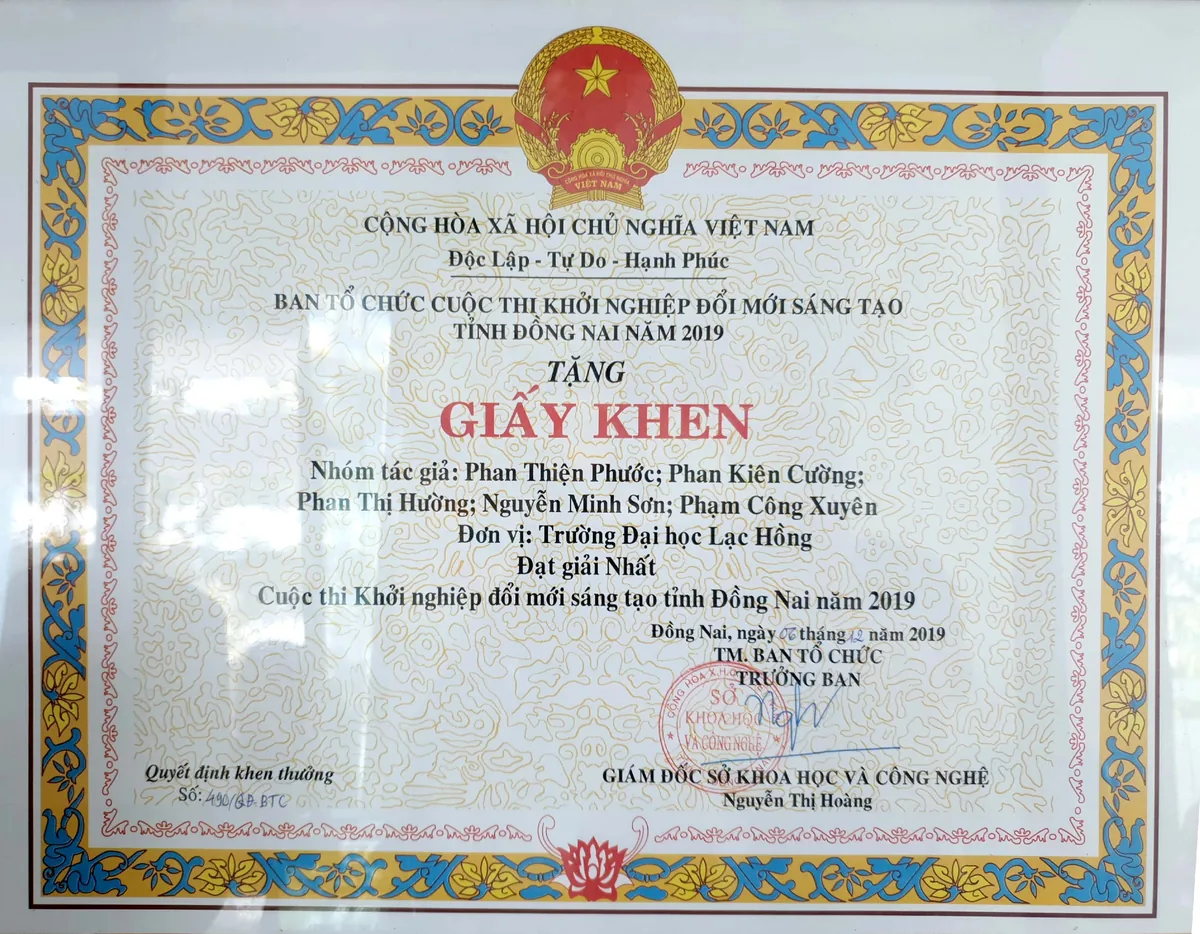 Giấy khen Giải Nhất cuộc thi Khởi nghiệp Đổi mới Sáng tạo tỉnh Đồng Nai năm 2019