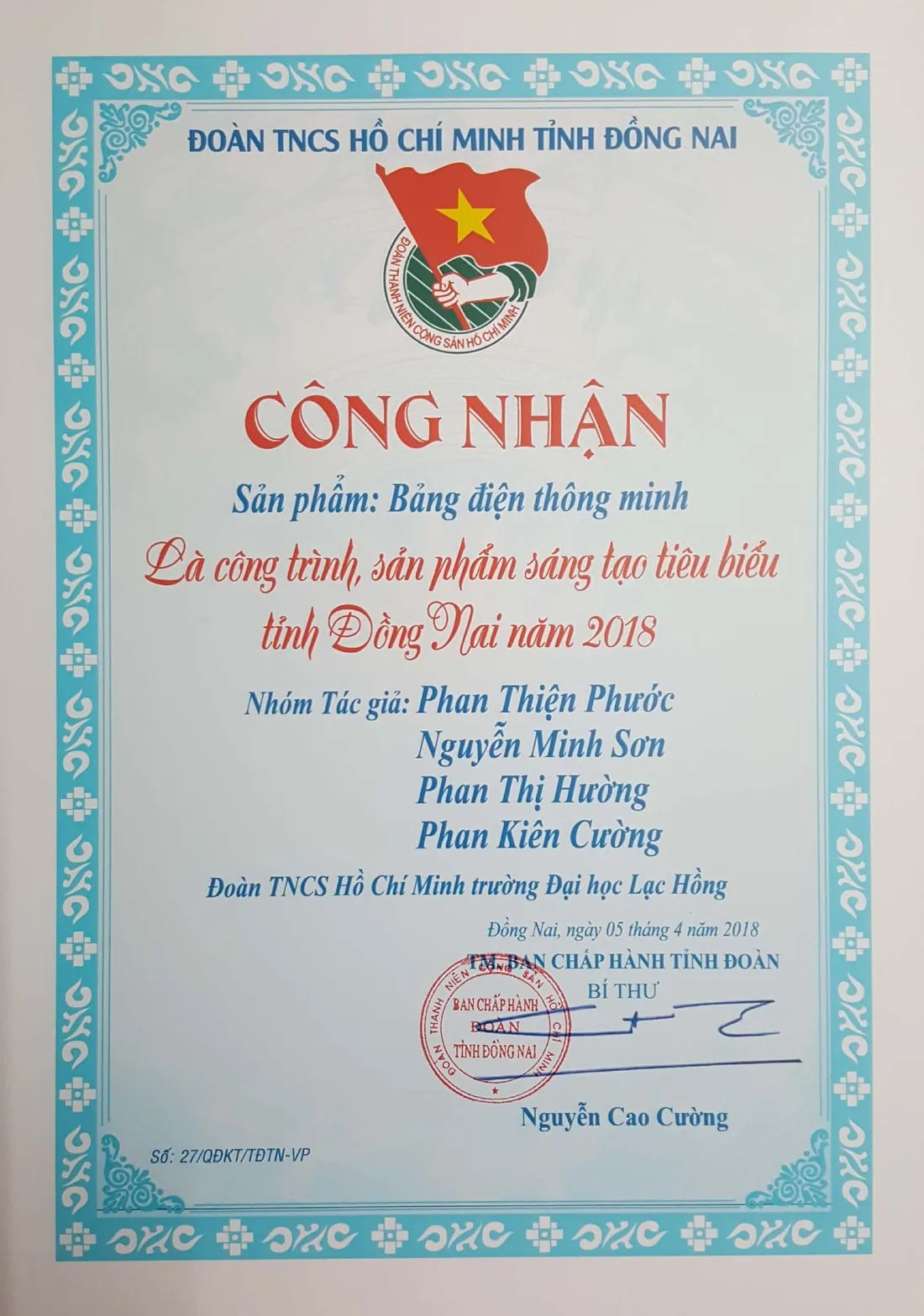 Giấy công nhận sản phẩm Bảng điện thông minh là công trình sản phẩm sáng tạo tiêu biểu tỉnh Đồng Nai